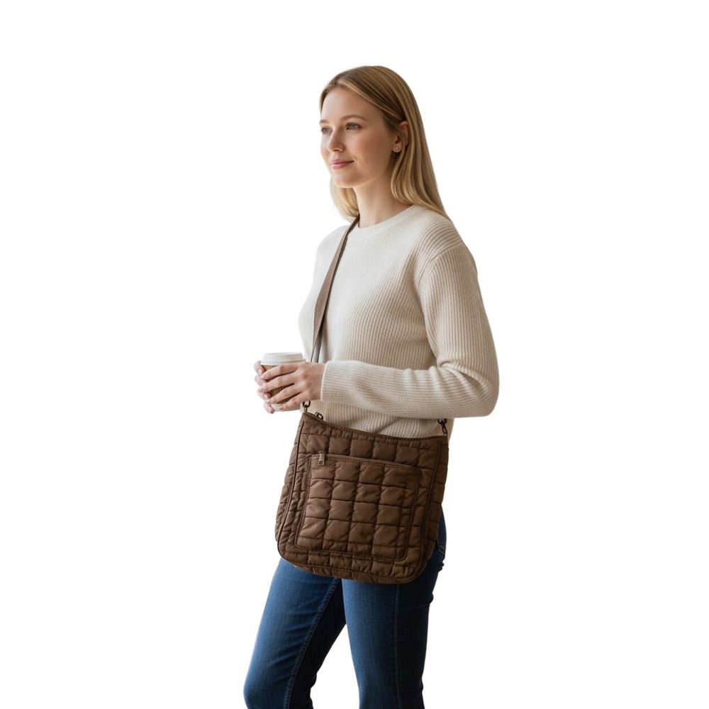 Brown Quilted Puffer Crossbody Bag‎ Adjustable Strap Front Zip Pocket Purse